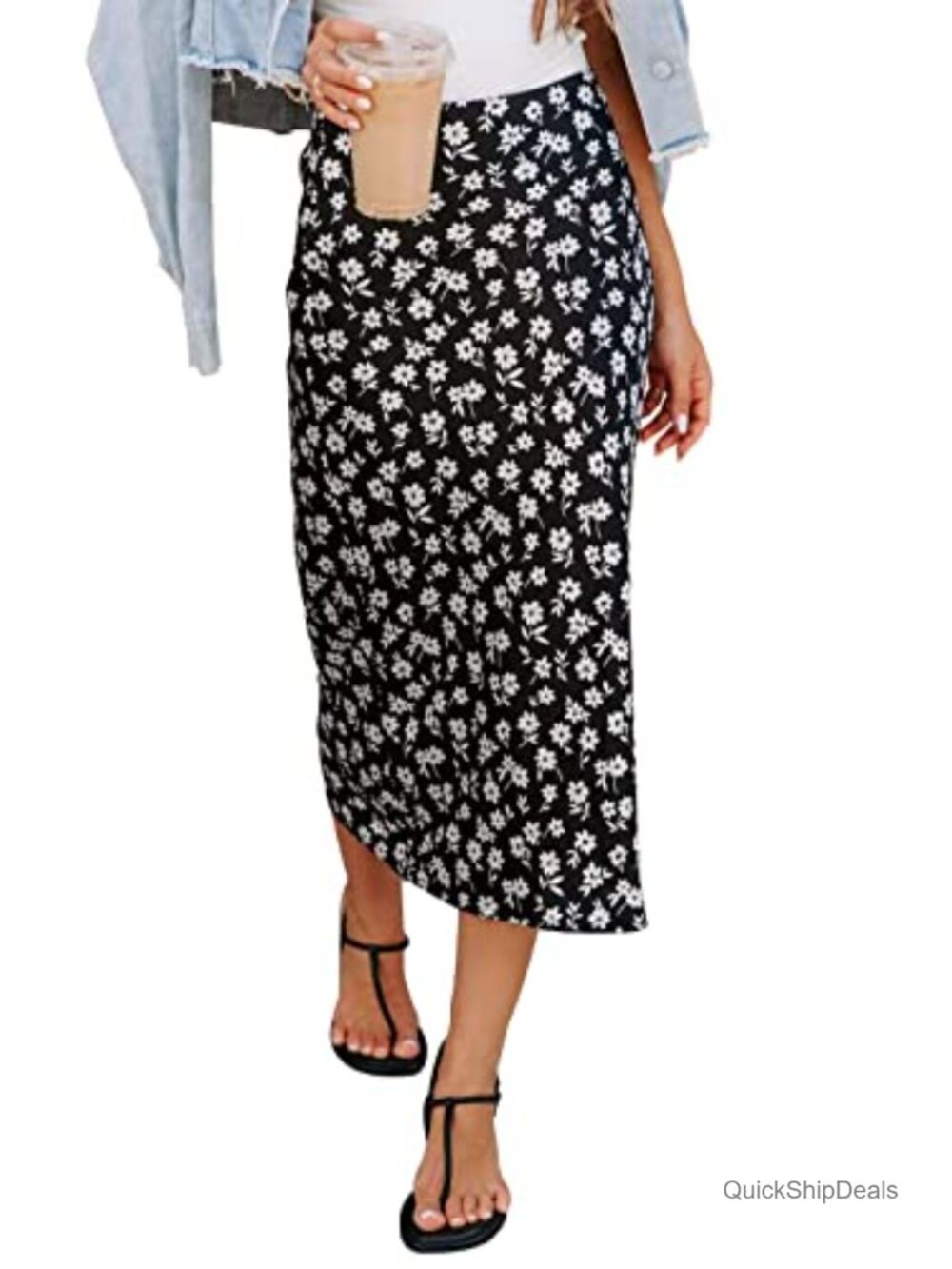 Boho Floral Print High Waist Midi Skirt with Back Elastic Waistband and Zipper